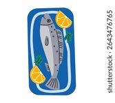 Healthy grilled whole fish on a plate vector illustration. Baked whole fish icon isolated on a white background. Fried fish with lemon, hand drawing illustration .