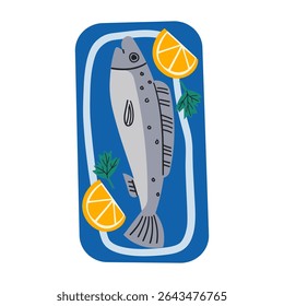 Healthy grilled whole fish on a plate vector illustration. Baked whole fish icon isolated on a white background. Fried fish with lemon, hand drawing illustration .