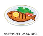 Healthy grilled whole fish and vegetables on a plate vector illustration. Baked whole fish and salad icon isolated on a white background. Fried fish with lemon, arugula and tomatoes drawing