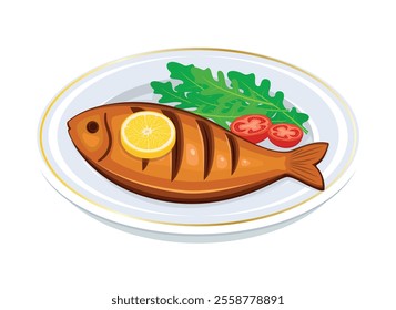 Healthy grilled whole fish and vegetables on a plate vector illustration. Baked whole fish and salad icon isolated on a white background. Fried fish with lemon, arugula and tomatoes drawing