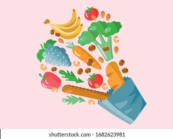 Healthy grocery basket vegetarian products vegetables and fruit illustration natural food lunch bread