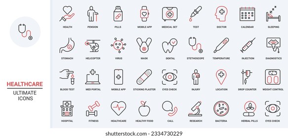 Healthy grocery food red black thin line icons set. Vector illustration featuring fresh, organic fruits and vegetables; water and tea with honey, farm yogurt and milk, seafood and olive oil for