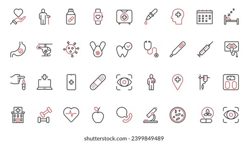 Healthy grocery food red black thin line icons set vector illustration. Fresh organic fruit and vegetables, water and tea with honey, yogurt farm milk, fish seafood and olive oil for cooking meals.