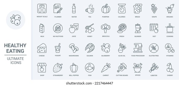 Los iconos de la línea delgada de alimentos para comestibles saludables configuran la ilustración vectorial. Esbozo de frutas y hortalizas orgánicas frescas, agua y té con miel, yogur y leche de granja, mariscos de pescado y aceite de oliva para cocinar comidas