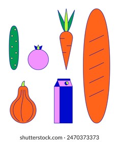 Healthy grocery products 2D linear cartoon objects set. Buying vegetarian food for dinner isolated line vector elements white background. Organic nutrition color flat spot illustration collection