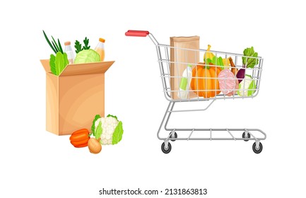 Healthy grocery products in cardboard box and shopping cart set. Organic food vector illustration