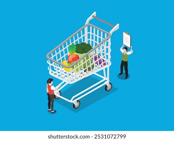 Compras de comestibles saludables con frutas y verduras frescas Ilustración vectorial isométrica 3d