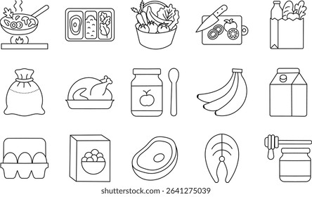 Healthy Grocery Stroke Icon Set – Includes Fruits, Vegetables, Meat, and Daily Essentials. Editable Outline Icons.