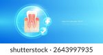 Healthy gum and teeth bubble dome transparent with check mark and plus sign on blue background. Strong and healthy tooth. Medical health care dentist or dentistry. 3D Vector EPS10.