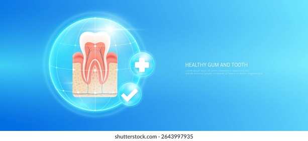 Healthy gum and teeth bubble dome transparent with check mark and plus sign on blue background. Strong and healthy tooth. Medical health care dentist or dentistry. 3D Vector EPS10.