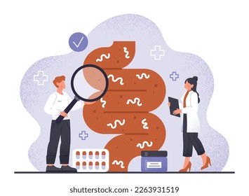 Healthy gut flora. Woman and man with magnifying glass evaluate intestines. Scientists and doctors diagnose and develop treatments. Gastrointestinal tract. Cartoon flat vector illustration