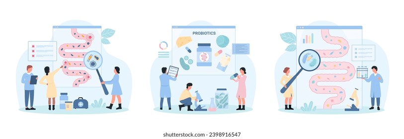 Healthy gut microbiome set vector illustration. Cartoon tiny people with magnifying glass check good and bad bacteria inside human gastrointestinal tract and bowel, advise probiotic and prebiotic food