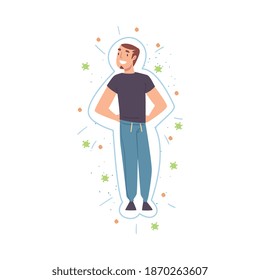 Un tipo sano que refleja bacterias y virus atacados, fuerte sistema inmune Concepto de dibujos animados Ilustración vectorial estilo dibujos animados