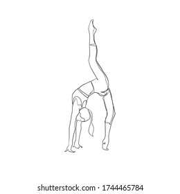 Healthy gymnast woman doing yoga. Girl stretching. Healthy lifestyle. Linear silhouette of beauty female body in yoga position isolated on white background. Continuous line art. 