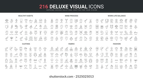 Healthy habit and stress control, casual clothes, fashion, thinking process in head of person line icon set. Protective fabric and layers, eco tag thin black outline symbols vector illustration