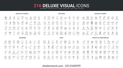 Healthy habits and active lifestyle, food nutrients, sweet candy and herbs line icon set. Kitchen and cooking tools, dietary, garden vegetable and fruit thin black outline symbols vector illustration