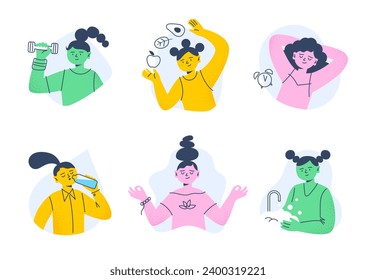 Healthy habits for boosting the immune system. Well-being lifestyle and immunity support. Cute cartoon characters are isolated on a white background.