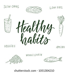 Healthy habits! Calligraphic quote and food drawings on background.