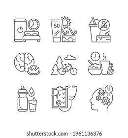 Healthy habits development linear icons set. Sleep hygiene. Skin protection. Practice mindfulness. Customizable thin line contour symbols. Isolated vector outline illustrations. Editable stroke