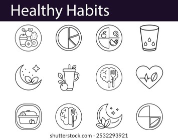 Healthy Habits Icons: Diet, Sleep, Exercise