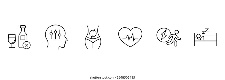 Healthy habits icons for wellness heart sleep energy detox brain mood alcohol free metabolism activity routine vector illustration.