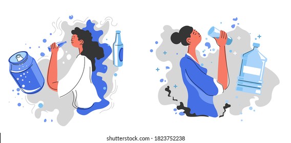 Healthy habits and lifestyle of character, drinking still water or fizzy soda with sugar. Refreshment in summer. Hydration with liquid, cool aqua consuming for wellbeing, vector in flat style