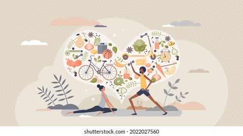 Healthy Habits Lifestyle As Diet Eating And Active Sport Tiny Person Concept. Exercises For Good Shape And Balanced Meals For Body Wellbeing And Vitality Vector Illustration. Daily Sport Routine.