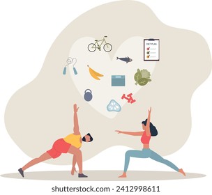 Healthy habits lifestyle as diet eating and active sport .Exercises for good shape and balanced meals for body wellbeing and vitality .flat vector illustration.