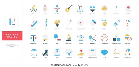 Healthy habits and lifestyle, life quality and wellbeing, mental and body health color icon set. Fitness and relax, running and leisure, music and social communication flat vector illustration