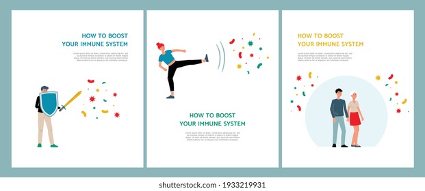 Healthy habits and lifestyle for protection of human body health from diseases. People with strengthened immune system reflects attacks viruses and bacteria. Vector flat posters.