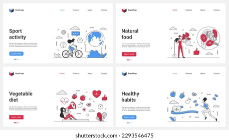Healthy habits and lifestyle, sports activity, diet and natural food set vector illustration. Cartoon tiny people with megaphone advertising healthy eating, motivation and advices for exercises