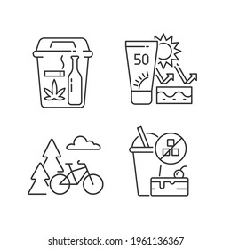 Healthy Habits Linear Icons Set. Quit Bad Habits. Skin Protection. Outdoor Activity. Change Lifestyle. Customizable Thin Line Contour Symbols. Isolated Vector Outline Illustrations. Editable Stroke