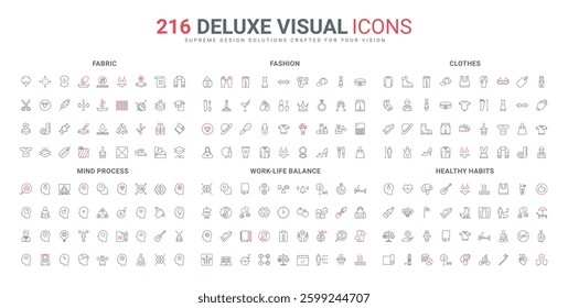 Healthy habits and mindset management, fashion and beauty cosmetics, clothing for men and women line icon set. Yoga, skills, work life balance thin black and red outline symbols vector illustration