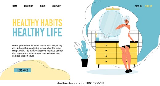 Healthy habits. Oral care. Young woman brushing teeth after morning shower in home bathroom. Every day health activity. Daily hygiene routine. Domestic life. Landing page design template