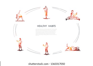 Healthy habits - running, eating healthy food, good sleeping, doing fitness and exercises vector concept set. Hand drawn sketch isolated illustration