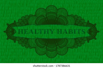 Healthy habits text inside Linear green grama grass realistic badge. Eco fancy background. Illustration. 