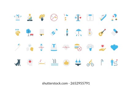 Healthy habits for wellbeing, healthy body and mind, life balance and yoga color icon set. Physical exercises and nutrition, sleep and weight control, meditation and gratitude flat vector illustration
