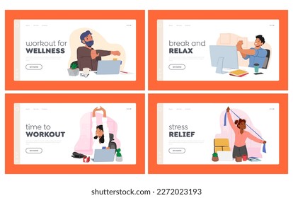 Healthy Habits In Workplace Landing Page Template Set. Male and Female Characters Workout In Office Utilizing Exercise Equipment. Physical Fitness During Work Break. Cartoon People Vector Illustration