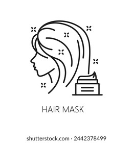 Healthy hair care and mask treatment outline icon. Woman beauty styling, hair health cosmetics or spa salon treatment product outline vector symbol with woman and cream jar