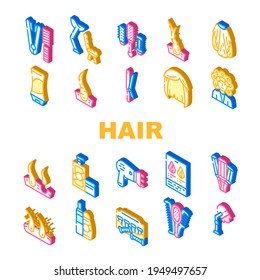 Healthy Hair Treatment Collection Icons Set Vector. Stationery Hairdryer And Dandruff, Shampoo And Balm For Hair, Thermo Curlers And Wig Isometric Sign Color Illustrations