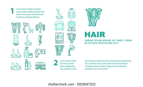 Healthy Hair Treatment Landing Web Page Header Banner Template Vector. Stationery Hairdryer And Dandruff, Shampoo And Balm For Hair, Thermo Curlers And Wig Illustration