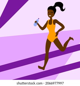 Healthy and happy african american woman is running in a bodysuit with a bottle of water in her hand on purple background