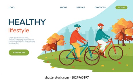 Healthy happy elderly gray-haired man and woman cycling together in the autumn city park. Concept outdoor activities for couple seniors in retirement. Landing page, website layout. Vector illustration