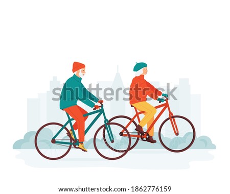 Healthy happy elderly gray-haired man and woman riding bicycles together in a city park. Outdoor activities concept for retired elderly couple. Active healthy seniors. Isolated vector illustration