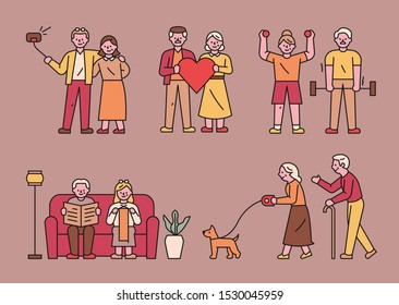 Healthy and happy lifestyle of old couple. flat design style minimal vector illustration.