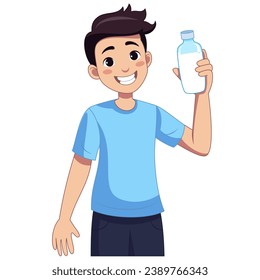 Healthy and happy man is holding a refreshing bottle of water. Flat style cartoon illustration.