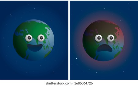 healthy and happy planet earth and sick and sad planet earth illustration/vector