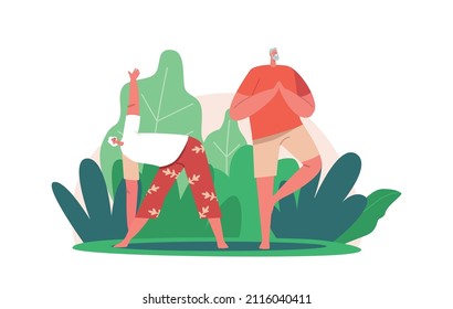 Healthy and Happy Retirement Concept. Senior Couple Doing Yoga or Fitness Exercises. Elderly Characters Stand in Asana Pose, Stretching Body, Grandparents Activity, Cartoon People Vector Illustration