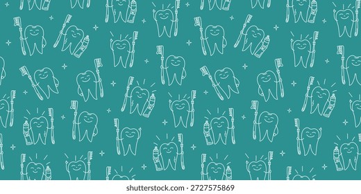 Dientes sanos y felices. Patrón sin fisuras, cepillo de dientes y pasta de dientes. Odontología. Dientes blancos brillantes, limpieza e higiene bucal. Iconos de línea, dibujos, garabatos.