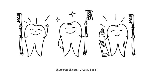 Dientes sanos y felices. Cepillo de dientes y pasta de dientes. Odontología. Dientes blancos brillantes, limpieza e higiene bucal. Iconos de línea, dibujos, garabatos.